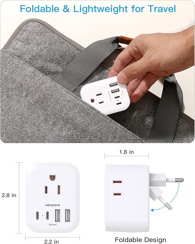 2 Pack European Travel Plug Adapter, HANYCONY International Power Adapter 4 Outlets 4 USB C Ports (2 USB C), Foldable Type C Adapter for US to Most Europe EU Italy Spain Greece Portugal France Germany