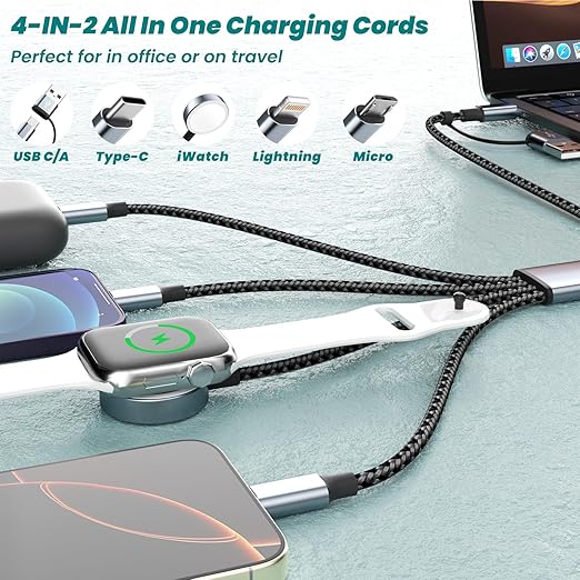 Travel Essentials 4 in 2 Multi Charging Cable for iWatch Charger 5FT,USB A/USB C Multiple Charger Cable/Cord for All Devices Compatible for iWatch Ultra/SE/10-1,iPhone 16-11, Android,More