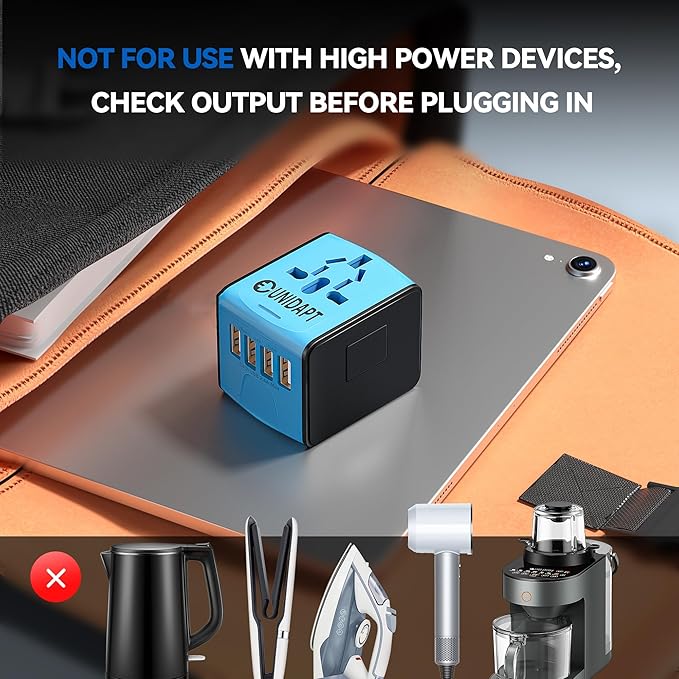 Unidapt Universal Travel Adapter, International Plug Adapter Fast 2,4A 4-USB European Power Plug, AC Wall Charger - Worldwide Outlet for Europe US USA UK EU AUS, Blue