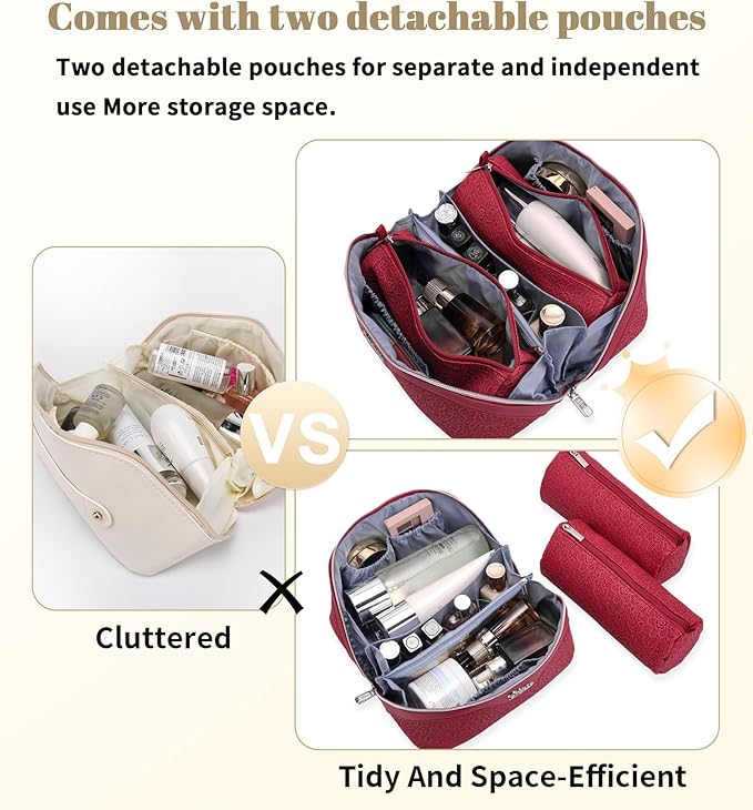 BOYATU Travel Makeup Bags Cosmetic Organizer Bag: 3 Pcs Set Large Capacity Make up Bag with Compartments - Waterproof Leather Toiletry Bags with Handle for Women (A-Red)