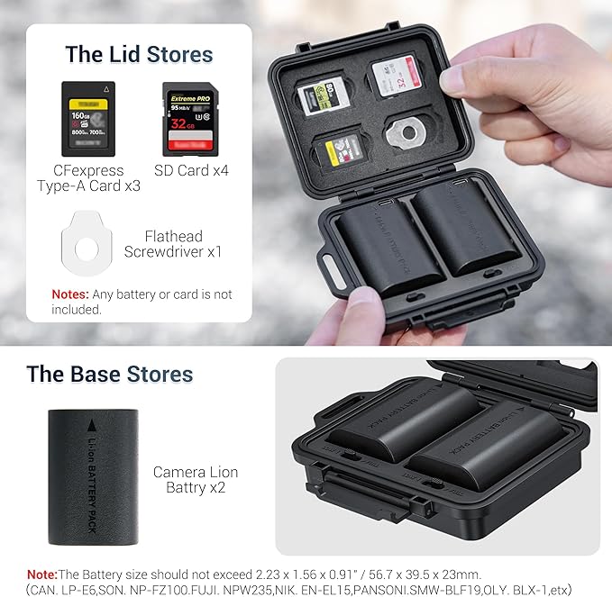 JJC Portable Camera Battery Memory Card Storage Case for 4 SD Card,3 CFexpress Type-A Cards,2 Camera Batteries, Compact Cameras Battery Holder Box for Sony NP-FZ100