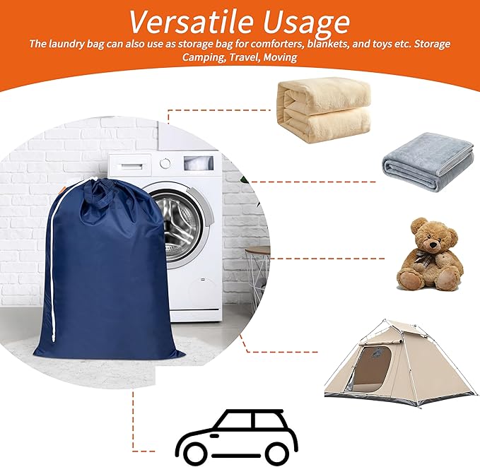 Polecasa Extra Heavy-Duty Laundry Bag 28x36”- Machine Washable Large Storage Bag with Reinforced Handles & Drawstring Closure & ID Tag for College Dorm Travel - Navy