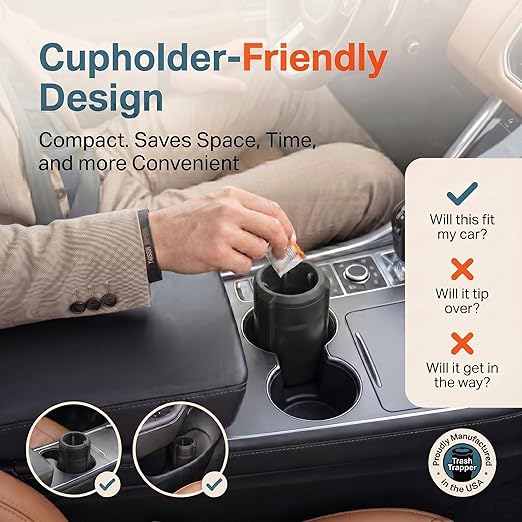 Trash Trapper Car Trash Can Cup Holder | Mini Car Trash Can | Fits in Most Doors | 5.1" x 2.9" | Traps More & Empties Less, Patent-Pending Compaction, Gifts for Men, Black/Grey
