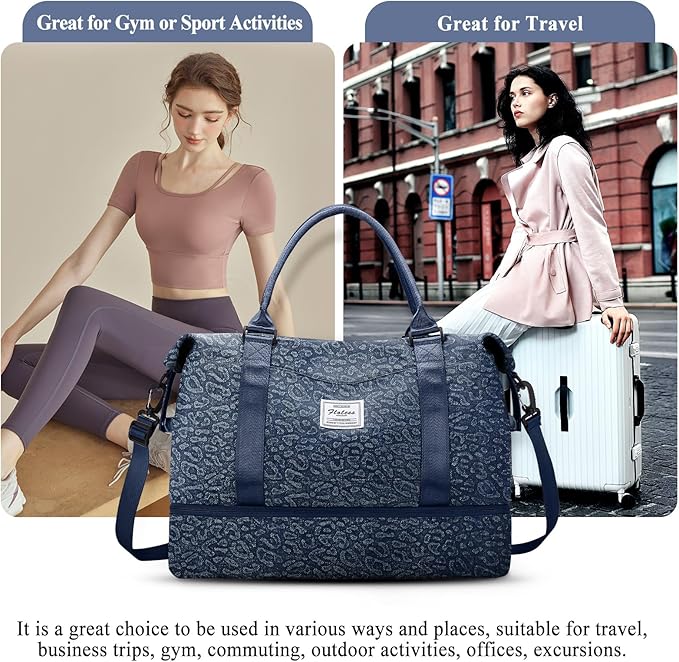 Weekender Bags for Women,Personal Item Travel Bag with Shoes Compartment,Overnight Travel Duffel Bag with Toiletry Bag,Denim Dark Blue