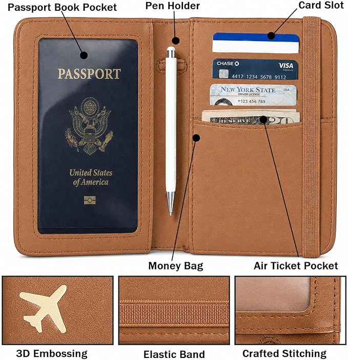 ZOPPEN RFID Blocking Passport Holder for Travel – PU Leather Waterproof Lightweight Passport Cover Wallet for Women Men, Travel Organizer with Card Slots for Airline Tickets & Passport Book, Brown