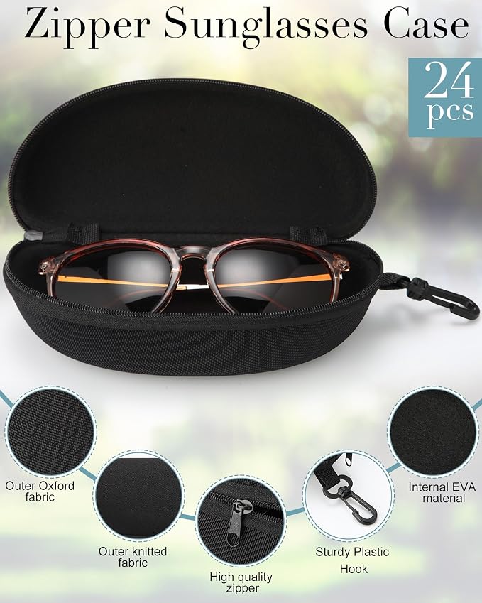 Treela 24 Pcs Sunglasses Case Portable Travel Hard Shell Zipper Frame Summer Eyeglasses Case with Plastic Hook for Women Men