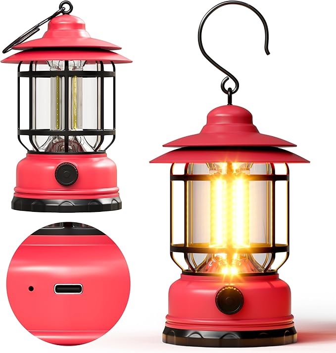 Retor Camping Lanterns LED Step-Less Dimming Retro-Style Battery Powered USB Rechargeable Flashlights Survival Kits Portable Ambient Lighting Emergency Outages Hiking Light(Pink 1 Pack)