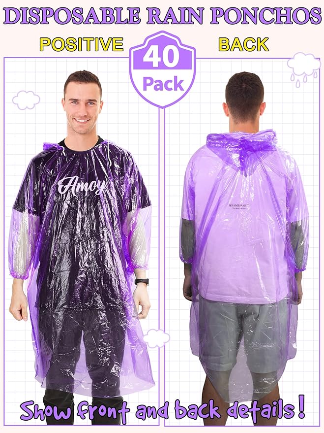40 Pack Disposable Rain Ponchos for Adults Disposable Ponchos Pack with Drawstring Hood Elastic Sleeves Raincoat for Camping