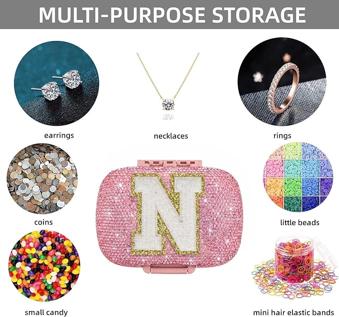 Cute Pill Organizer Small Bling Pill Case for Purse Medicine Vitamin Container Holder Daily Pill Box Container for Women Travel Medicine Kit(Letter N Pink)