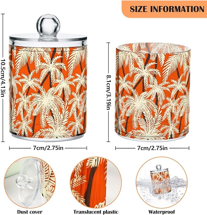 2 Pack Qtip Holder Organizer Dispenser Palm Trees Orange Color Bathroom Storage Canister Cotton Ball Holder Container for Cotton Pads/Swabs/Floss