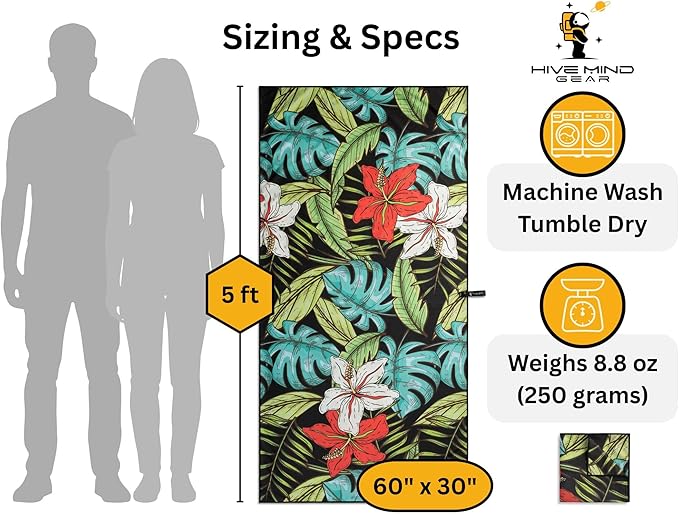 Travel Towel – Packable, Lightweight, Quick-Dry, Fade Resistant, Sand-Repellent – Soft Microfiber Towel for Travel, Backpacking, Beach, Pool, Outdoors – Double-Sided Print – 60” x 30”