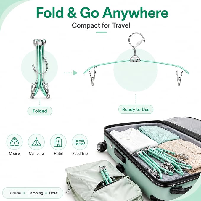 5 Pack Green Travel Hangers with Clips, Portable Stainless Steel Folding Clothes Hangers with Windproof Hook, Heavy Duty Non-Slip Space Saving Hangers for Cruise Essentials, Camping, Hotel