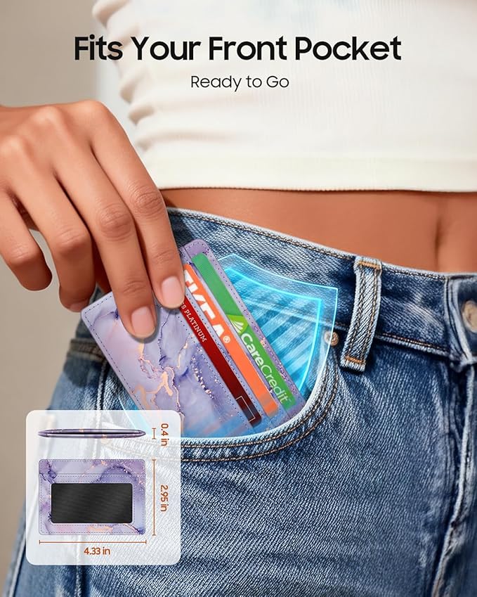 FINTIE Slim Minimalist Front Pocket Wallet, RFID Blocking Credit Card Holder Card Cases with ID Window for Men Women, lilac marble