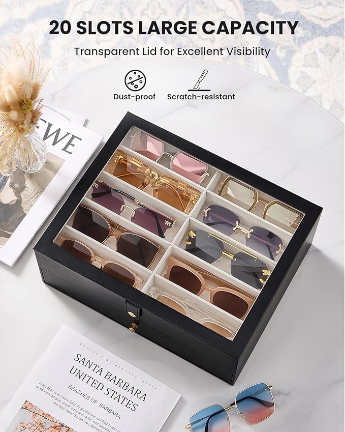 Lolalet 10/20 Slots Sunglasses Organizer Box, Eyeglasses Eyewear Holder Case for Multi Pairs Collection