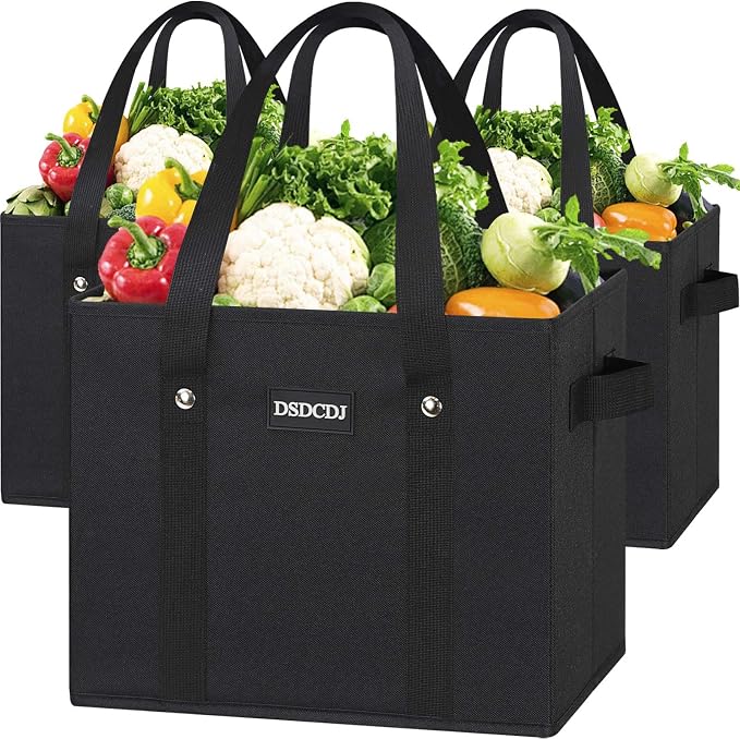 Reusable Grocery Bags 3 Pack - Heavy Duty Reusable Shopping Bags with Hard Bottom & Long Handles, Stand Up Grocery Boxes Reusable Foldable, 13x10.23x11in, Black