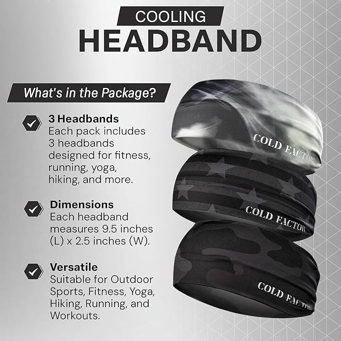 COLD FACTOR Cooling Headband for Women and Men – UPF 50+ Advanced Evaporative Comfort, Instant Cooling Sweatband for Outdoor Sports, Fitness, Yoga, Hiking, Running, and Workout