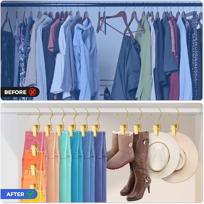 10 Pack Gold Boot Hangers for Closet, Hanger Clips Portable Travel Hangers Space Saving, Boot Clip Hooks for Hanging Clothes Pins Laundry Pants Hooks Towels Hat Bra Socks Jean