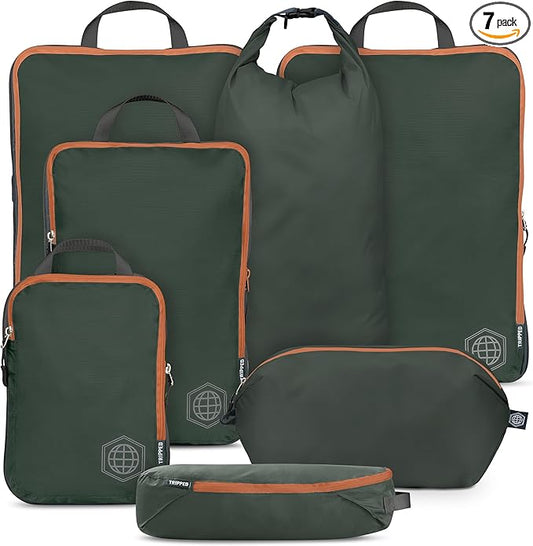 Large Compression Packing Cubes for Travel-Packing Cube Luggage Organizers 7 Piece Set for Checked Luggage-Ultralight, Expandable/Compression Bags by TRIPPED Travel Gear (Green and Brown)