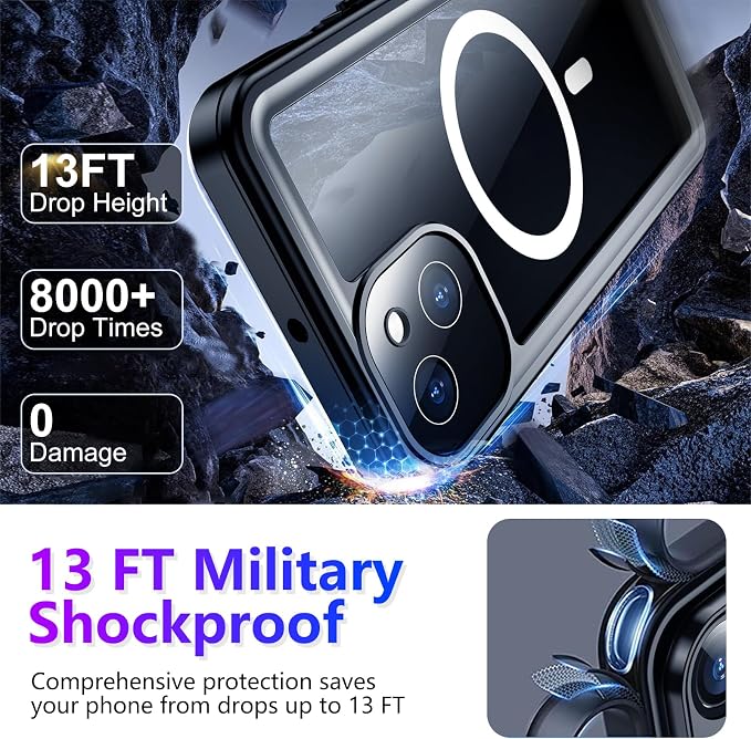 Compatible with iPhone 13 Case Waterproof, Built-in Screen & Camera Protector IP68 Underwater Full Body 13FT Military Dropproof Shockproof Phone Case 6.1"-Black/Clear-Mag