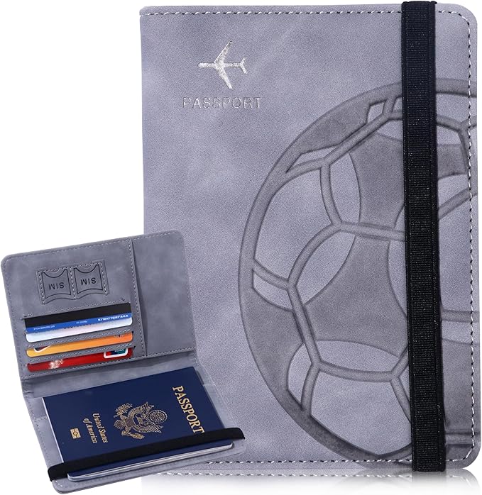Passport Holder and Card Slot Combo RFID Blocking Leather Personalized Travel Passport Wallet for Men and Women US Passport Cover Protector (Soccer light grey)