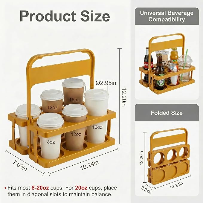 6 Cup Drink Carrier for Delivery - Foldable Drink Holder with Handle, Reusable Cup Carrier for Drinks, Portable Beverage Caddy Accessories for Parties, Camping, Car, Coffee & Bottles (Yellow)