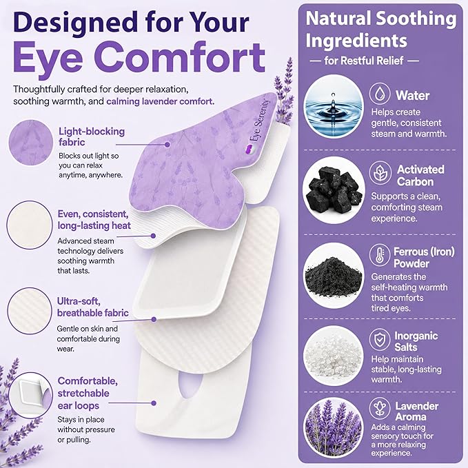 Lure Essentials Steam Eye Mask, Heated Eye Mask, Self Heating Warm Compress for Dry Eyes, Fast Relief for Stye, Puffy Sensitive Eyes, Moist Heat, Relaxation Gifts for Women and Men - Lavender