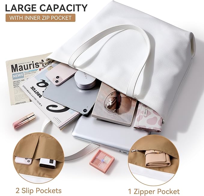 WLLWOO Soft Vegan Leather Tote Bag for Women Large Casual Hobo Handbags Zipper Shoulder Work Daily Weekender Travel Purse