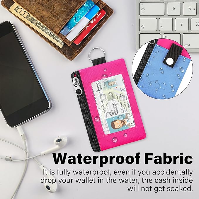Minimalist RFID Blocking Wallet with Lanyard, Functional ID Case with 2 Zipper Pockets and Key Chain for Men and Women, Tactical Badge Pouch Cards Holder, Coin Purse for Travel Sports-Rose