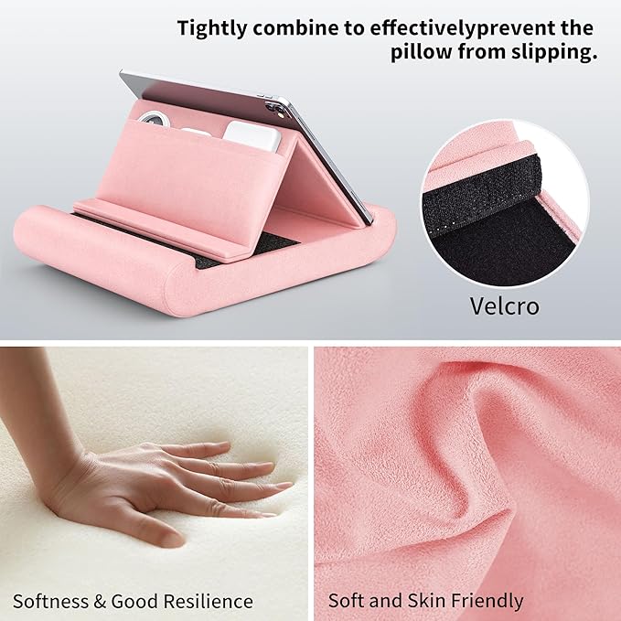 CreaDream Tablet Pillow Stand, Foldable Tablet Holder for Lap, Bed and Desk, Soft Pillow Pad with Pocket and Stylus Mount, for 4-13" Tablets, Like iPad Pro 11, 13, Air, Mini, Kindle, Galaxy Tab, Pink