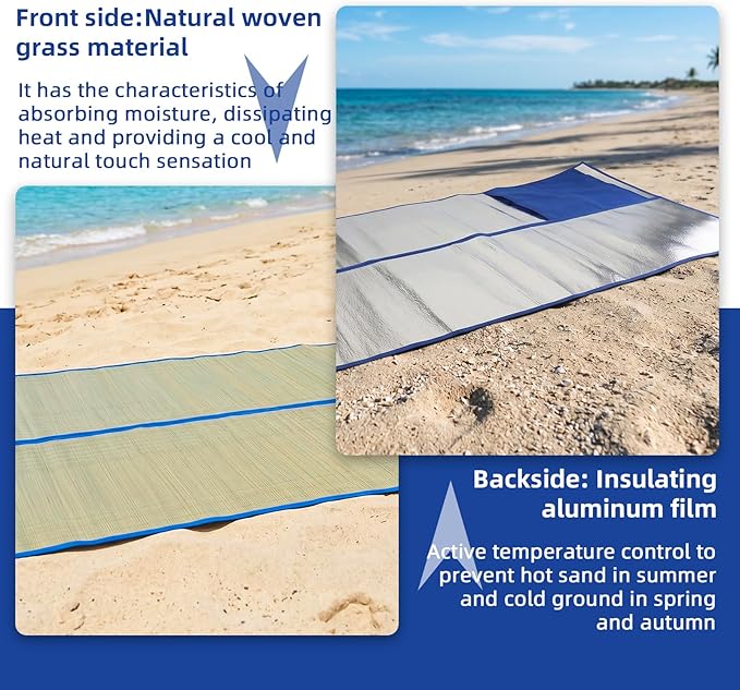 U0U 70x31.5inch Straw Beach Mat with Heat Insulation Aluminum Film,Foldable Breathable Natural Straw Mat for Insulate Beach Heat and Beach Picnic Camping Tent Crawling Yoga
