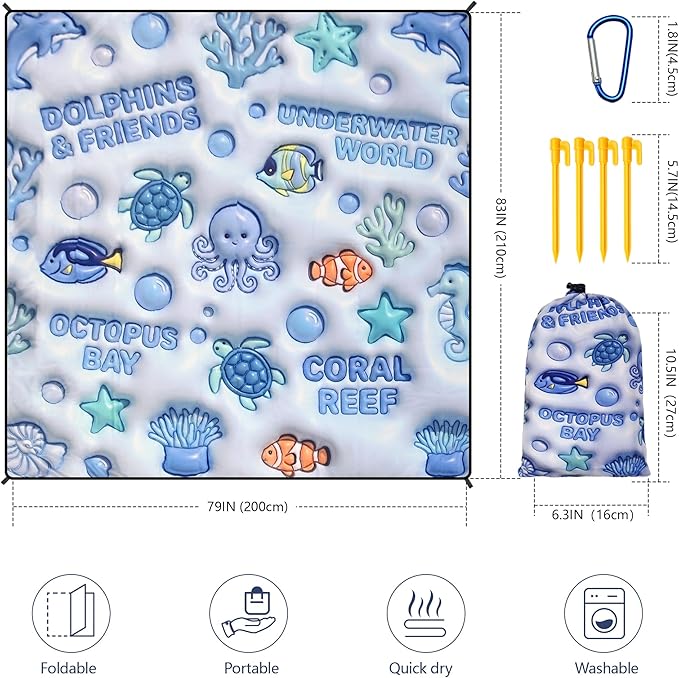 HIHOHO Beach Blanket Waterproof Sandproof Beach Mat 79”x 83” for 1-8 Adults Quick Drying Durable Outdoor Picnic Mat for Beach Festival Travel Camping Hiking (3D Ocean-BL, 79"×83"(4 Person))