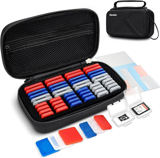EVA PU Memory Card Case with 48PCS Clear Plastic Memory Card Holder for 24 SD SDHC SDXC & 24 TF MSD Cards,Dual-Protect Water-Resistant Anti-Shock MicroSD SD Card Carrying Organizer with Label