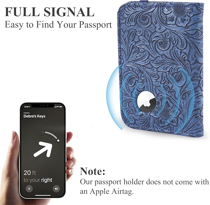 lizimandu Passport Holder with Airtag Slot, Airtag Passport Wallet for Men Women, Slim Leather Passport Holder Case Family for Travel Anti-Lost(1-Carved Blue2)