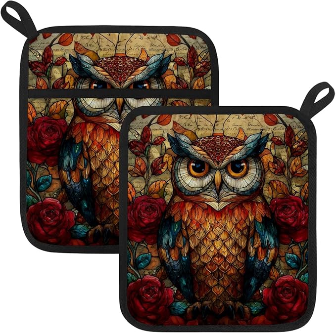 Vintage Owl and Florals Pot Holders with Pockets 2 PCS, Heat Resistant Oven Mitts Hot Pads for Kitchen Baking Cooking, Square Thick Pot Holders Kitchen Hot Potholders, 8.5x10 Inches