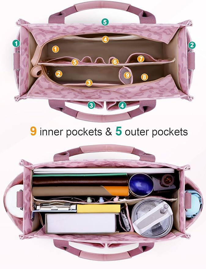 FIORETTO Womens Canvas Tote Bag Purse with Individual Compartment, Zipper Top, Reinforced Bottom & Luggage Sleeve