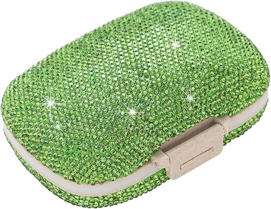 Cute Pill Organizer Small Bling Pill Case for Purse Medicine Vitamin Container Holder Daily Pill Box Container for Women Travel Medicine Kit(Green)