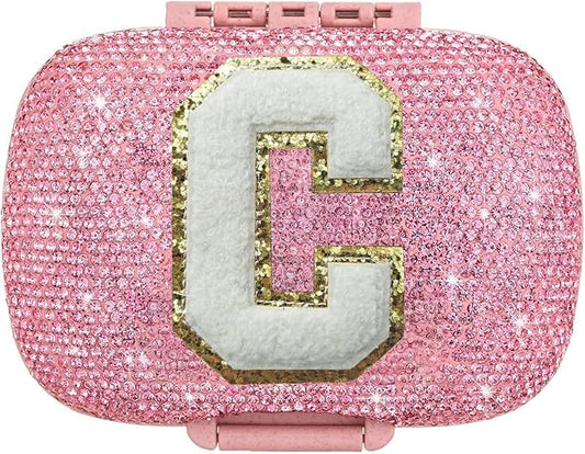 Cute Pill Organizer Small Bling Pill Case for Purse Medicine Vitamin Container Holder Daily Pill Box Container for Women Travel Medicine Kit(Letter C Pink)