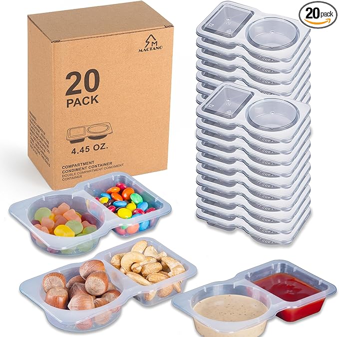 MACTANO 20 Sets Condiment Container with Lid, Disposable Double Compartment Plastic Container for Sauce Snack