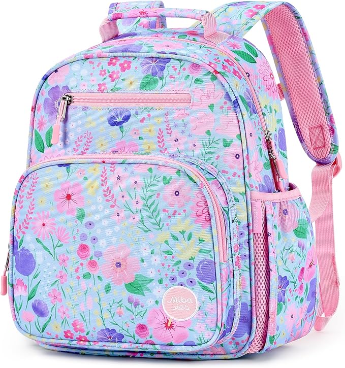 mibasies Kids Backpack for Girls: Girls Backpack 5-8 - Kindergarten Elementary School Bookbag for Girl - Flower Light Blue