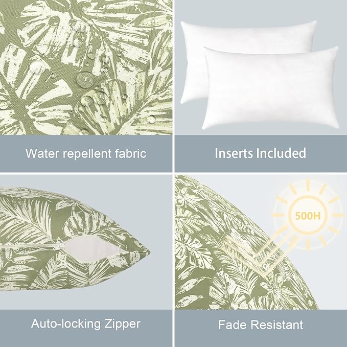 LVTXIII Set of 2 Patio Lumbar Pillows, 12" x 20" Fade Resistant Outdoor Lumbar Pillow with Inners, Fluffy Decorative Garden Lumbar Cushions for Home Patio Coach Sofa Use, Tropical Leaf Green