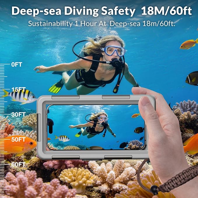2026 Underwater Snorkeling Diving Phone Case for Phone 17/16/15/14/13/12Pro Max/Galaxy S26/S25/S24/S23.(50ft/15m) Professional Scuba Dive Waterproof Case Underwater Photo Video（Gray）