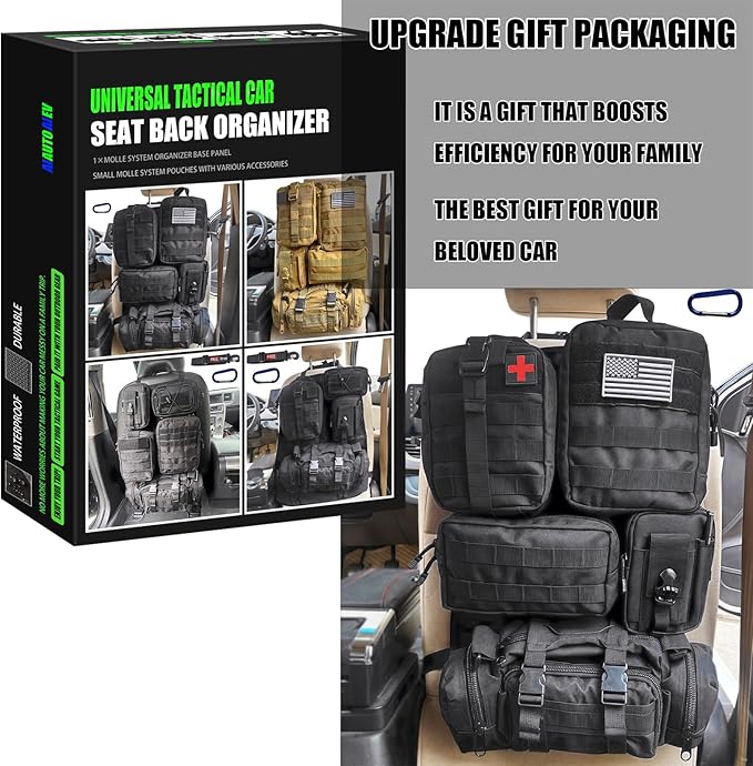 7 PACK Tactical Seat back organizer Truck organizer With 6 Detachable Pouches Universal For Car Truck Ford Jeep Military-Grade Heavier Panels With Multi-functional Packs (7 PACK -BLACK)