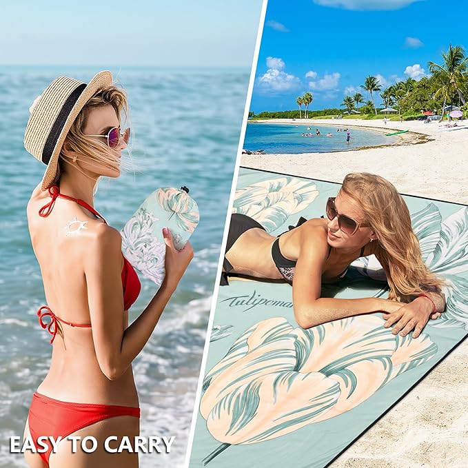 HIHOHO Beach Blanket Waterproof Sandproof Beach Mat 79”x 83” for 1-8 Adults Quick Drying Durable Outdoor Picnic Mat for Beach Festival Travel Camping Hiking (Green Flower, 79"×83"(4 Person))