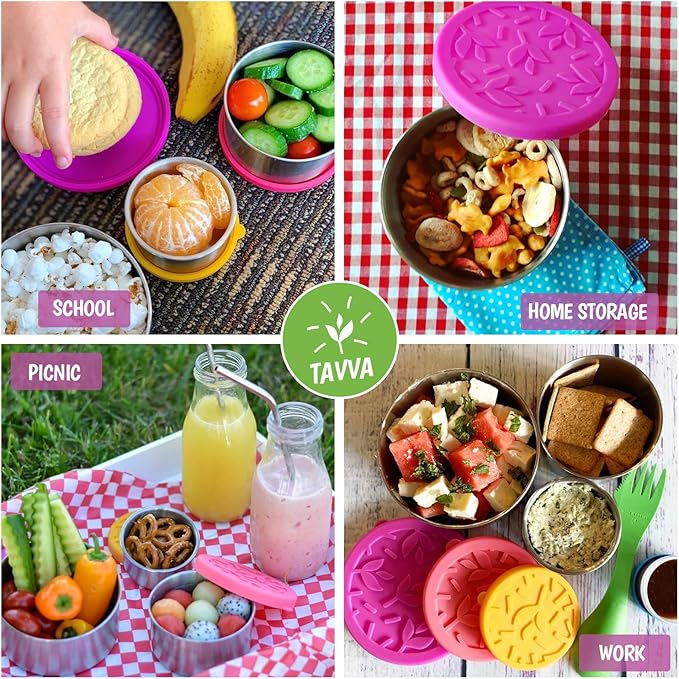TAVVA Stainless Steel Snack Containers for Kids [12oz/ 7oz/ 3oz] - Leakproof with Silicone Lids - Lunch Box for Kids - Metal Lunchbox for School, Office, Home Food Storage - Dishwasher & Freezer Safe