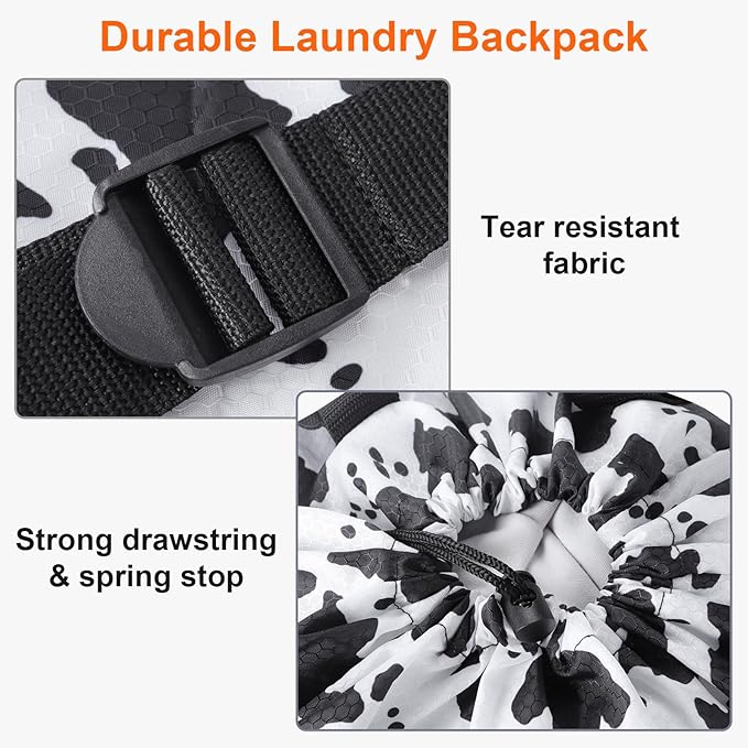 Laundry Bag Backpack Durable Laundry Bag with Shoulder Straps and Mesh Pockets Portable Laundry Hamper Dirty Clothes Bag for College, Travel, Laundromat, Apartment (Cow Print)