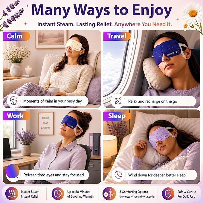 Eye Serenity Steam Eye Mask, Heated Eye Mask, Self Heating Warm Compress for Dry Eyes, Fast Relief for Stye, Puffy Sensitive Eyes, Moist Heat, Relaxation Gifts for Women and Men - Variety