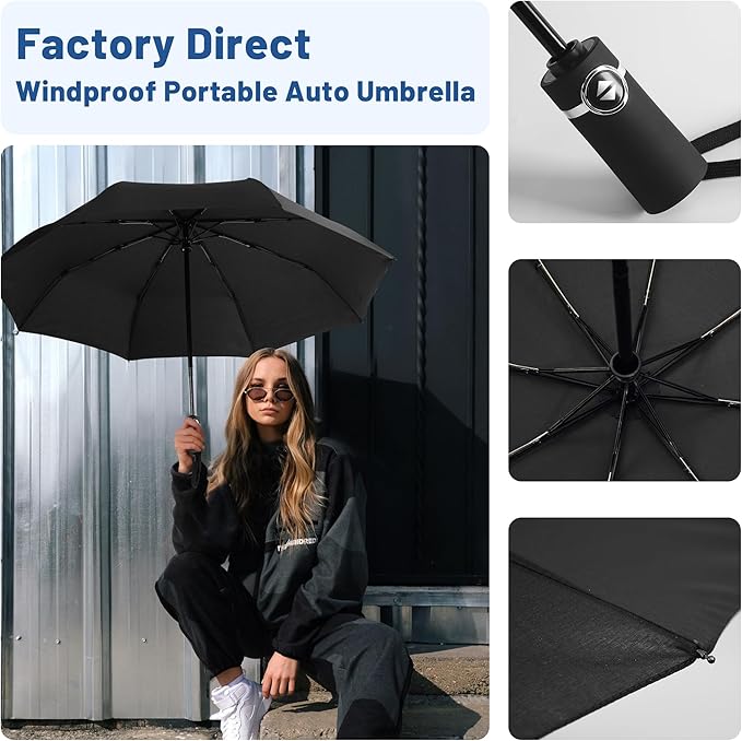 SY COMPACT Travel Umbrella for Rain, Windproof Automatic Compact Umbrella, UV Sun Protection, Lightweight Waterproof Travel Size for Backpack & Car, Factory Direct