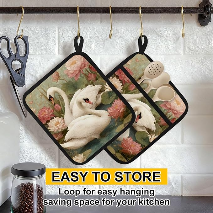 White Swan and Vintage Flowers Pot Holders with Pockets 2 PCS, Heat Resistant Oven Mitts Hot Pads for Kitchen Baking Cooking, Square Thick Pot Holders Kitchen Hot Potholders, 8.5x10 Inches