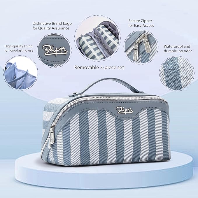 BOYATU Travel Makeup Bag Cosmetic Bag for Women: 3 Pcs Set Striped Make up Bag with Compartments - Waterproof Vegan Leather Toiletry Bags with Handle - Makeup Organizer for Travel Essentials(A-1-Blue)