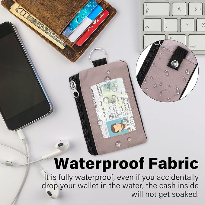 Minimalist RFID Wallet with Lanyard, Multi-Functional ID Case with 2 Zipper Pockets and Key Chain for Men and Women, Tactical Badge Pouch Cards Holder, Coin Purse for Travel Sports - Gray&Pink